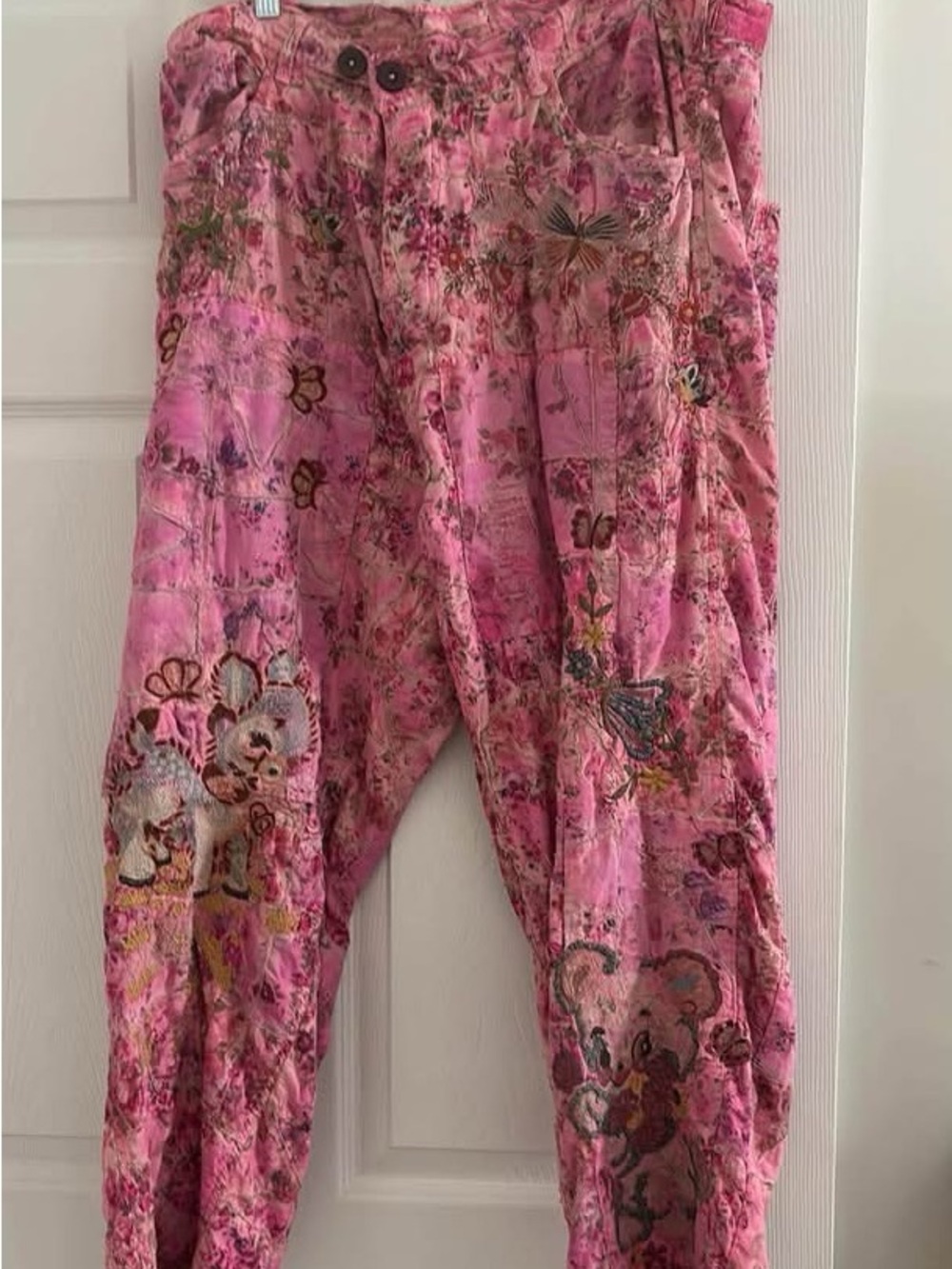 Magnolia Pearl Lil Friends Miner Pink Patchwork Floral & Butterfly Trousers